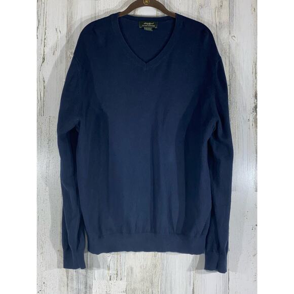 Eddie Bauer Mens Sweater Size Large Navy Blue Cotton Cashmere Blend V Neck - Picture 1 of 7